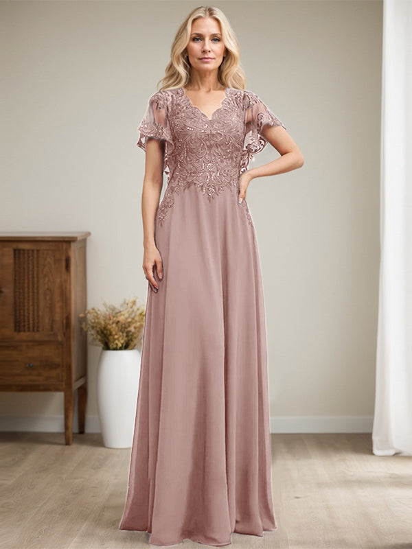 Vestido de novia de corte A, escote en V, largo hasta el suelo, de gasa de encaje con lentejuelas para la madre de la novia 
