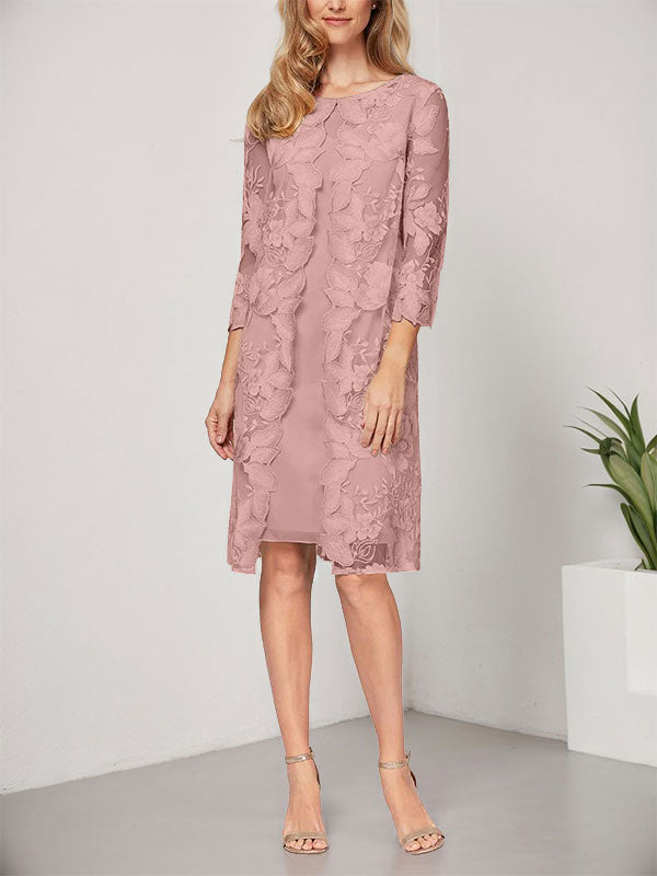 Vestido de corte A, escote redondo, largo hasta la rodilla, de gasa y encaje, para la madre de la novia, con chaqueta. 