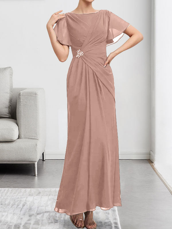Vestido de gasa de corte A, escote redondo, largo hasta el tobillo, para la madre de la novia, con plisados ​​y cuentas.