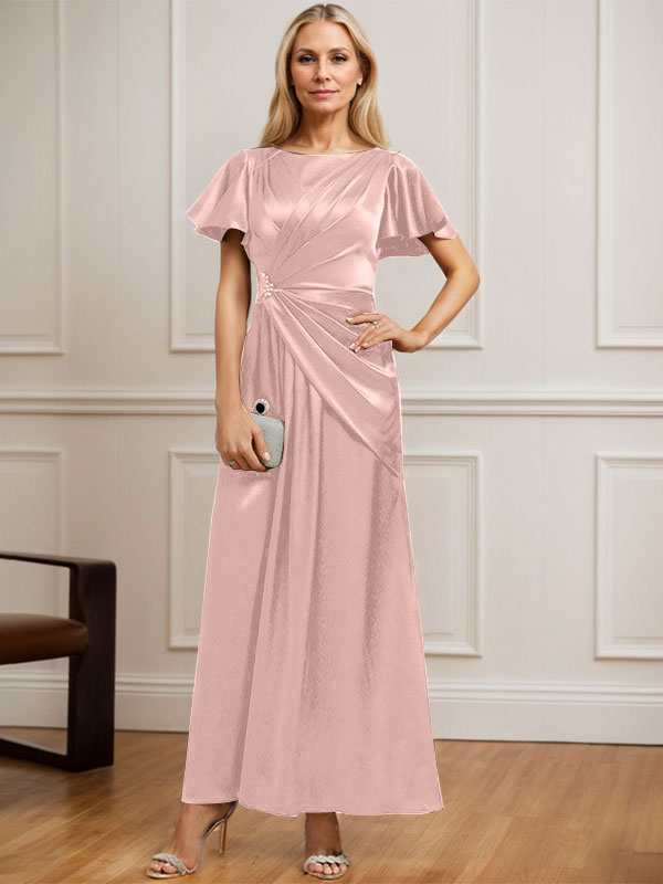 Robe de mère de la mariée en satin stretch, coupe trapèze, longueur cheville, décolleté rond et ornée de perles plissées 