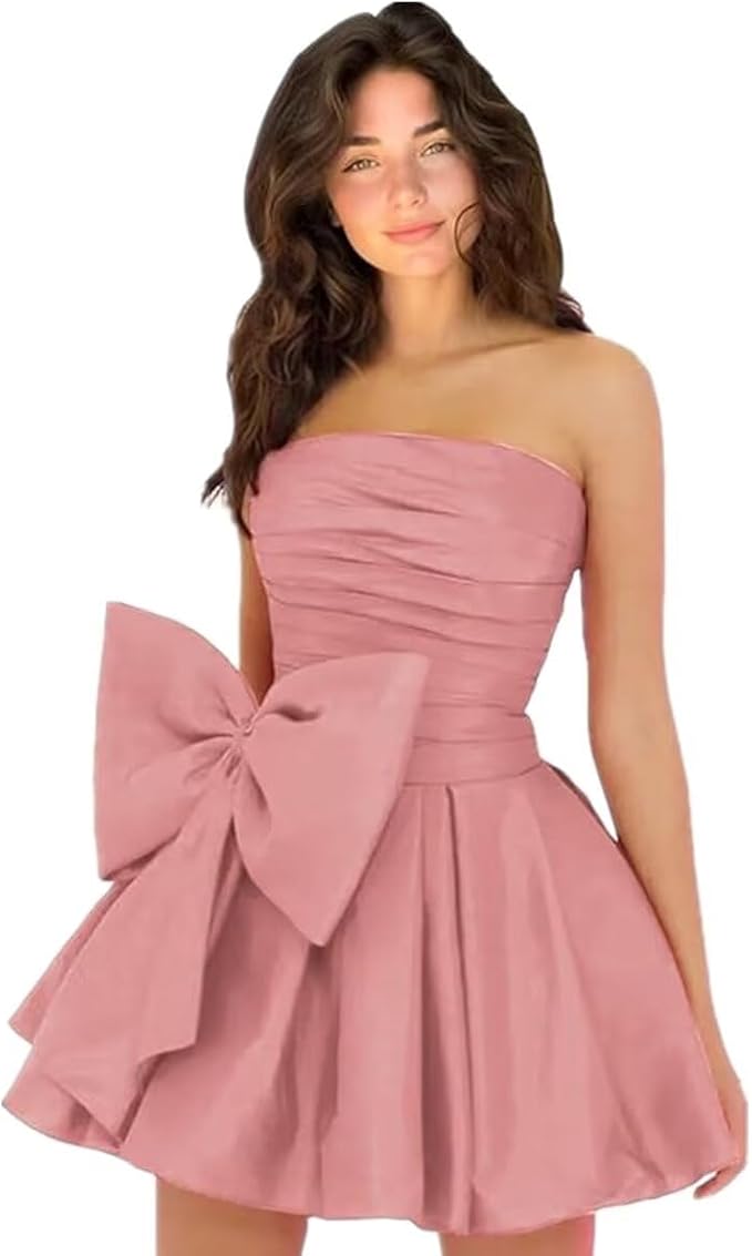 Robes de soirée courtes et chics pour le bal de promo, coupe trapèze, sans manches, bustier, froncées, lacées et ornées d'un nœud.