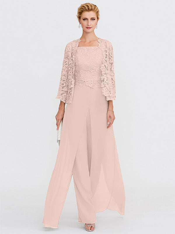 Traje pantalón de chifón de tres piezas con escote cuadrado y chaqueta para la madre de la novia 