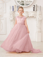 Vestido rosa de niña de las flores, corte en A, encaje, tul y cola corta 