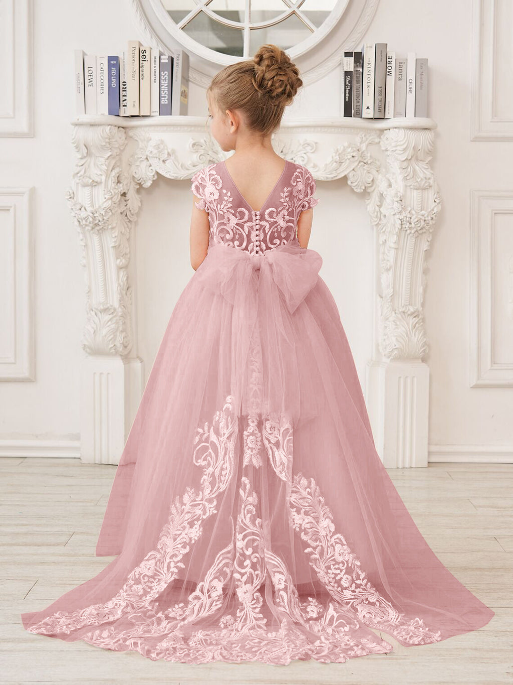Vestido rosa de niña de las flores, corte en A, encaje, tul y cola corta 