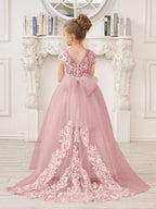Vestido rosa de niña de las flores, corte en A, encaje, tul y cola corta 