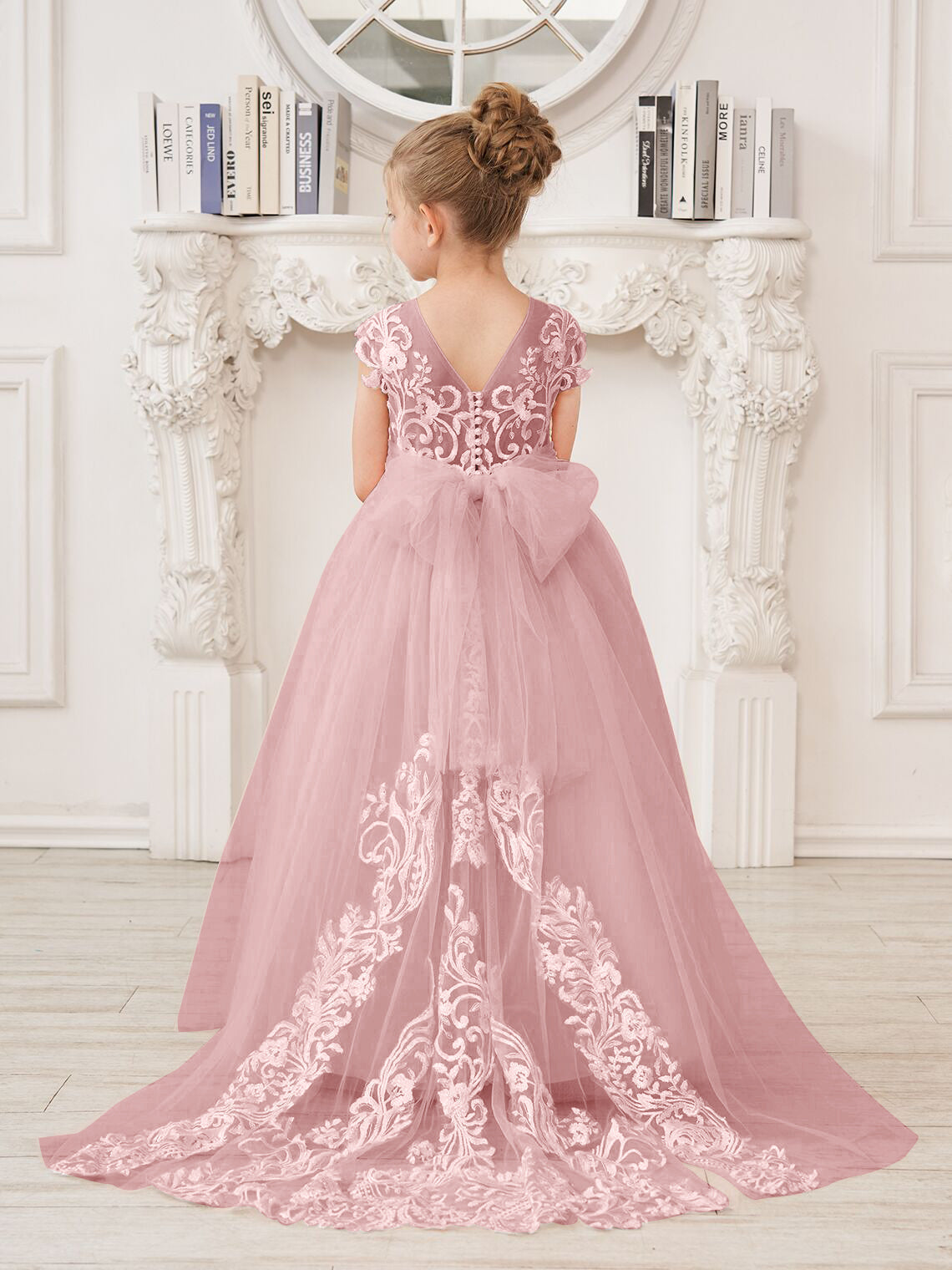 Vestido rosa de niña de las flores, corte en A, encaje, tul y cola corta 