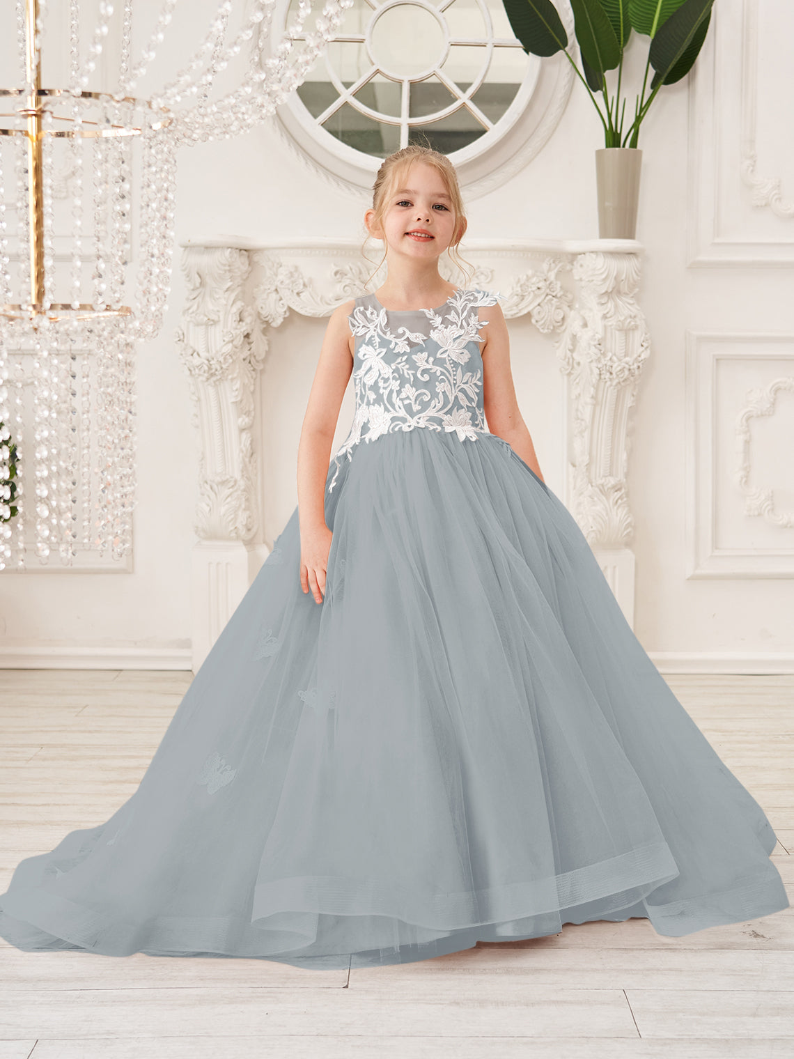 Elegante vestido de princesa sin mangas de tul para niña de las flores, corte en A 