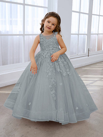 Vestido de princesa rosa para niñas con apliques de encaje 