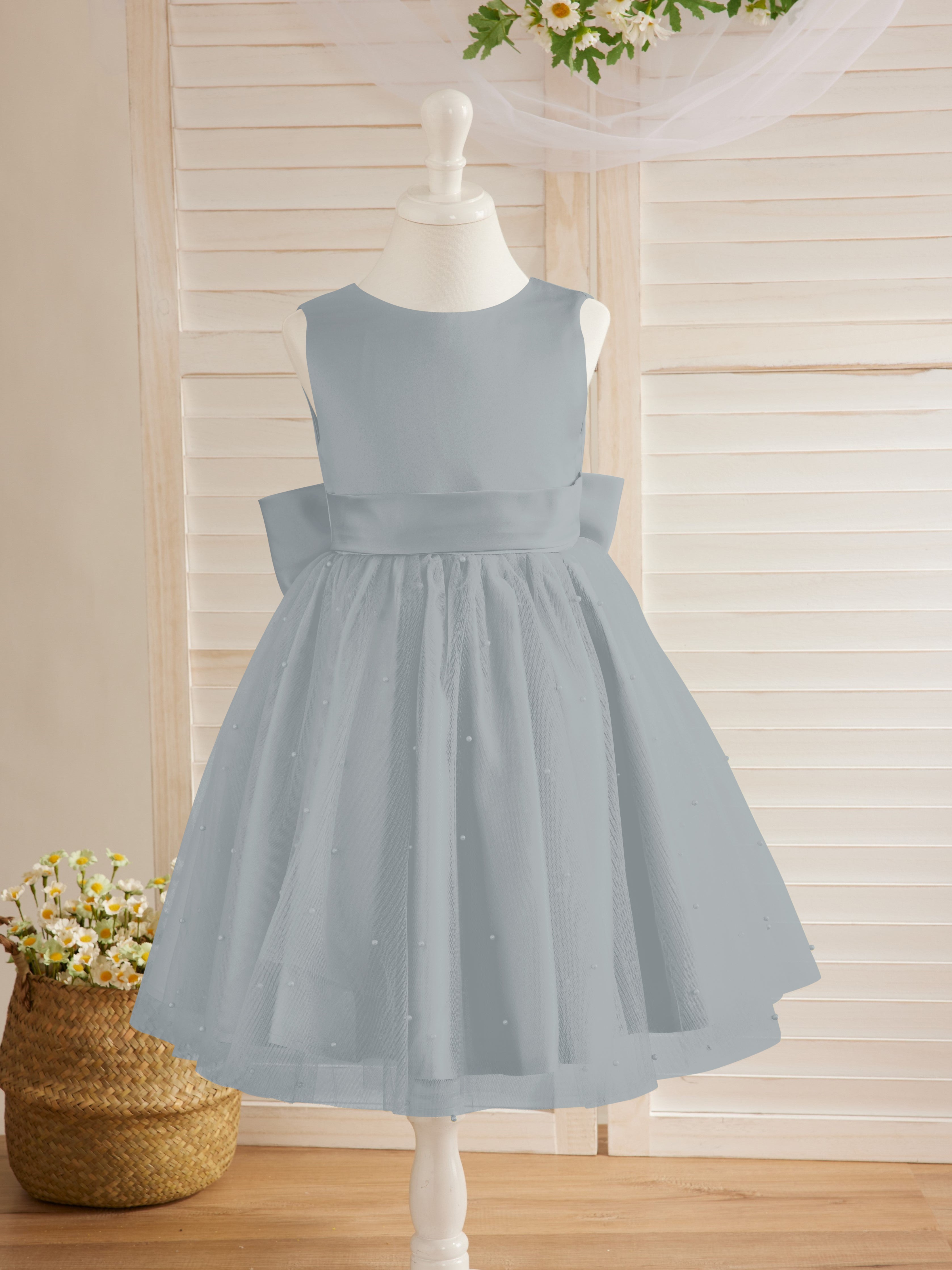 Vestido de princesa/vestido de princesa de satén y tul hasta la rodilla para niña de las flores 