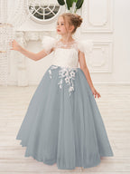 Vestido de niña de las flores con cola de tul y encaje desmontable 