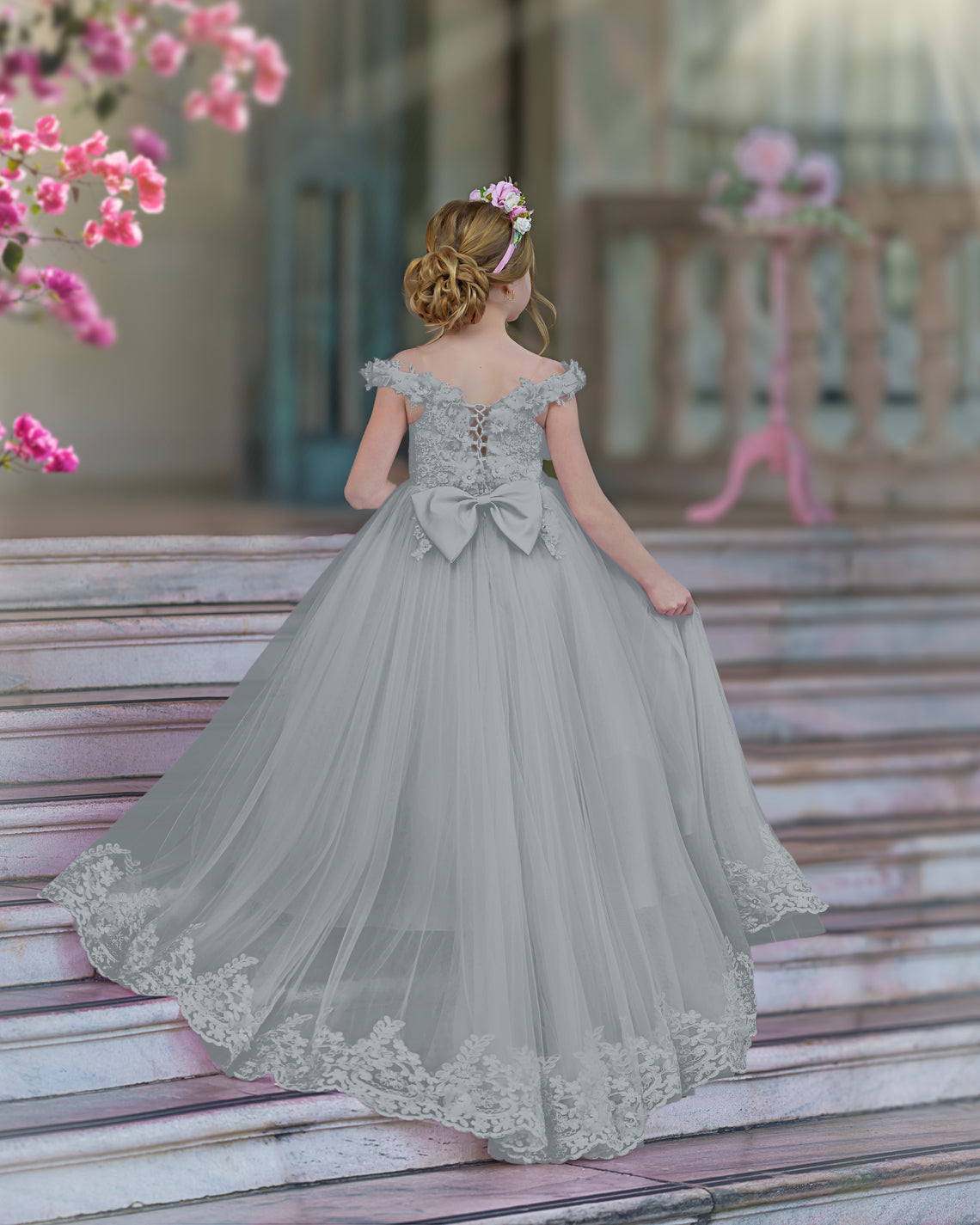 Vestido de gala/princesa rosa con cola de encaje para cumpleaños 