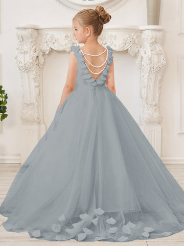 Elegante vestido blanco de tul para niña de las flores con cola corta 