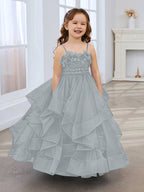 Vestido de niña de las flores de tul sin mangas, corte princesa, azul pizarra, corte en A, estilo princesa 