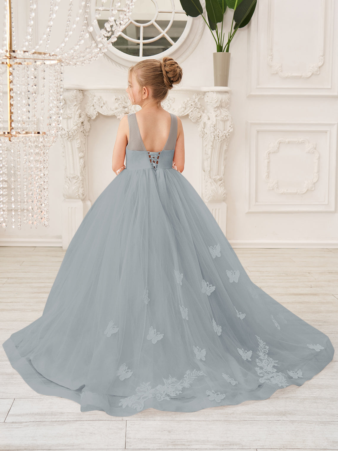 Elegante vestido de princesa sin mangas de tul para niña de las flores, corte en A 