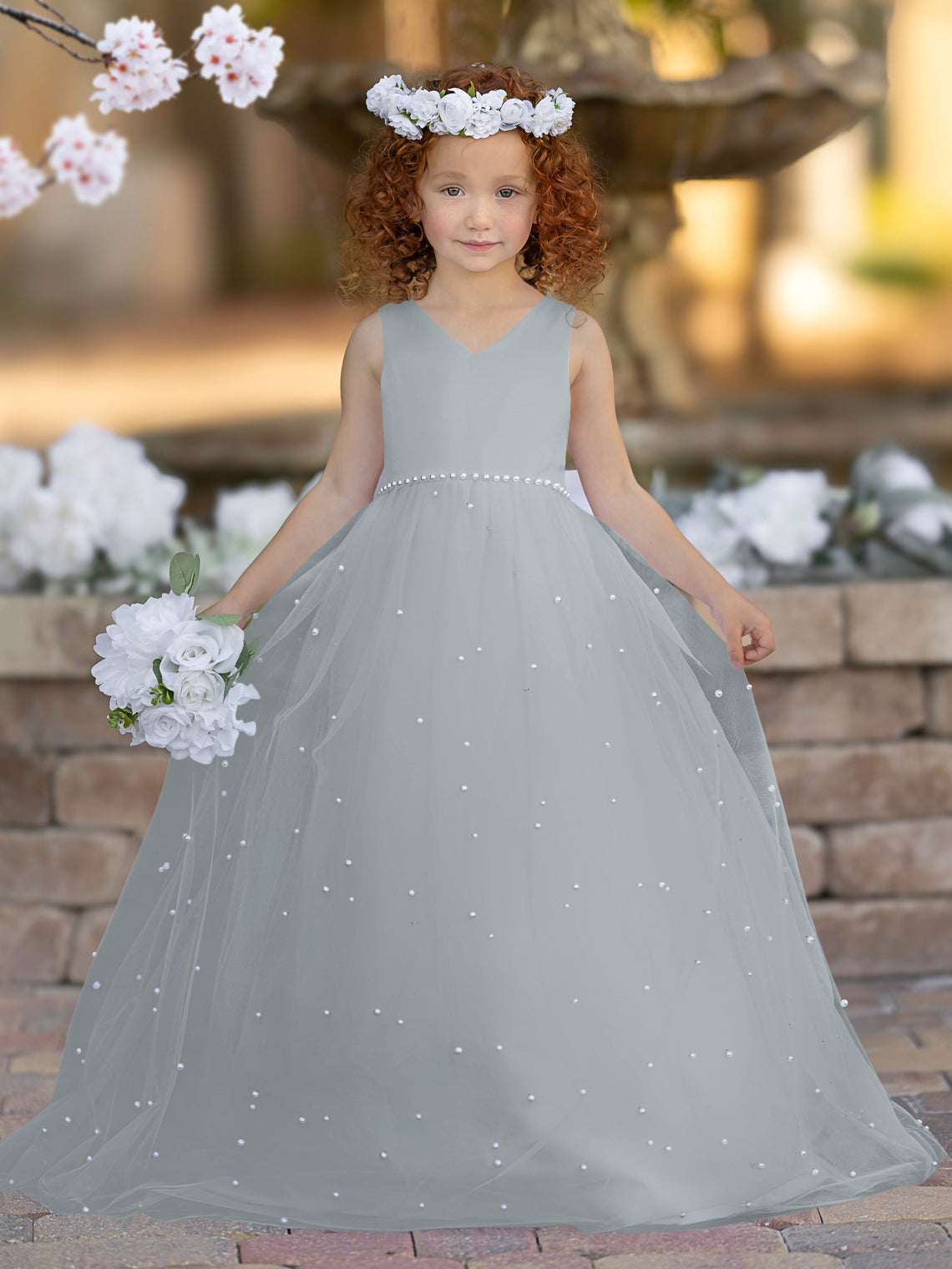Elegante vestido de princesa de satén y tul para niña de las flores 