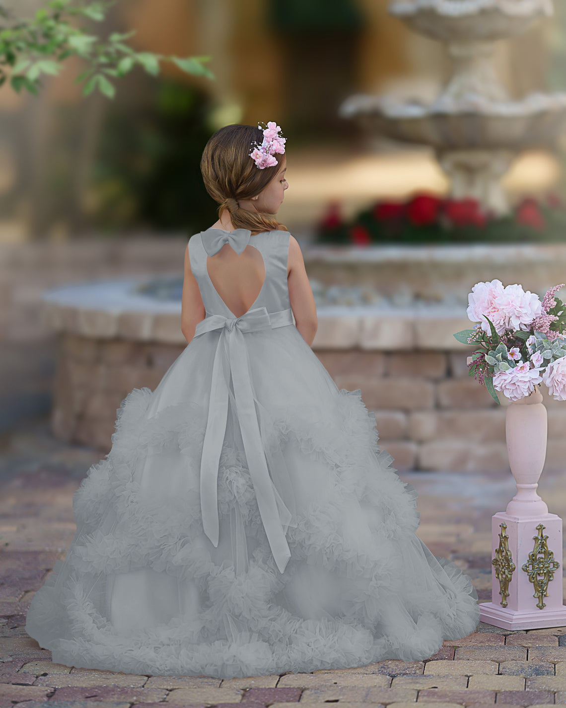 Vestido de niña de las flores de corte A, de satén y tul, hasta el suelo, con volantes en cascada. 