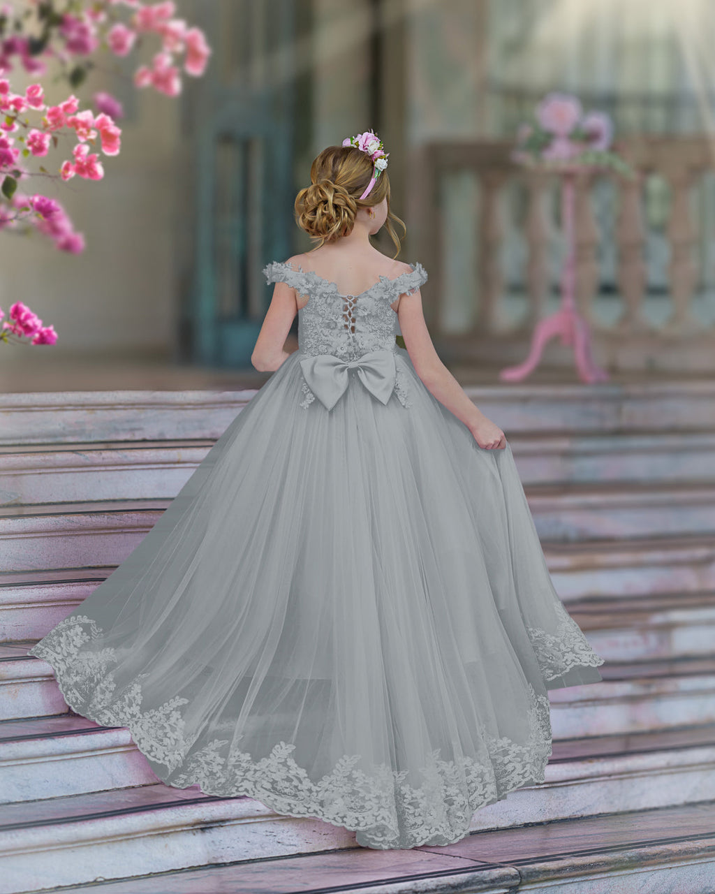 Vestido de gala/princesa rosa con cola de encaje para cumpleaños 