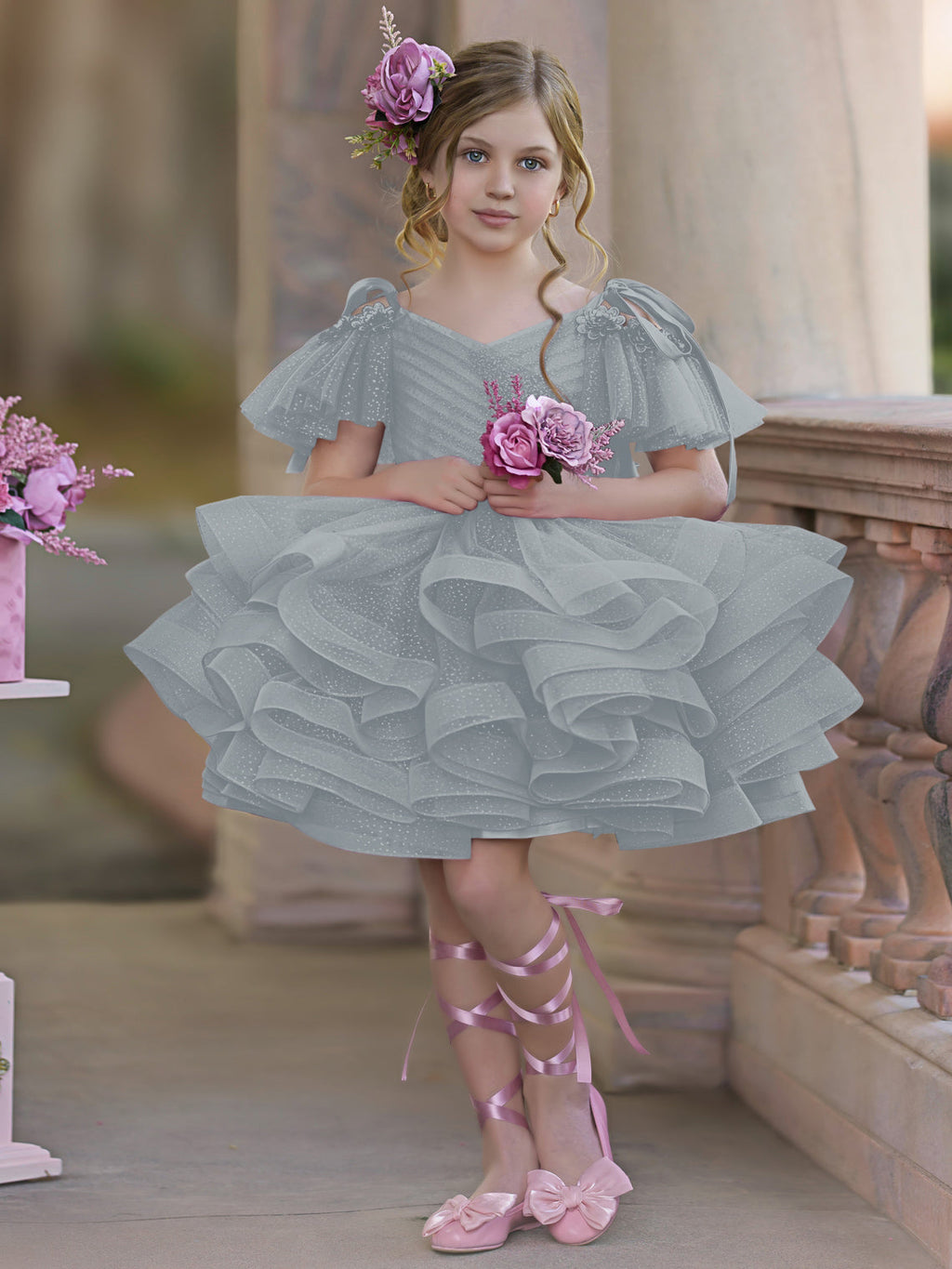 Vestido de princesa/vestido de tul hasta la rodilla para niña de las flores de cumpleaños 