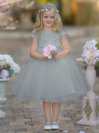 Vestido de niña de las flores de la Primera Comunión, color marfil, de tul satinado hasta la rodilla 