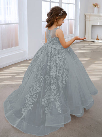 Vestido de princesa rosa para niñas con apliques de encaje 