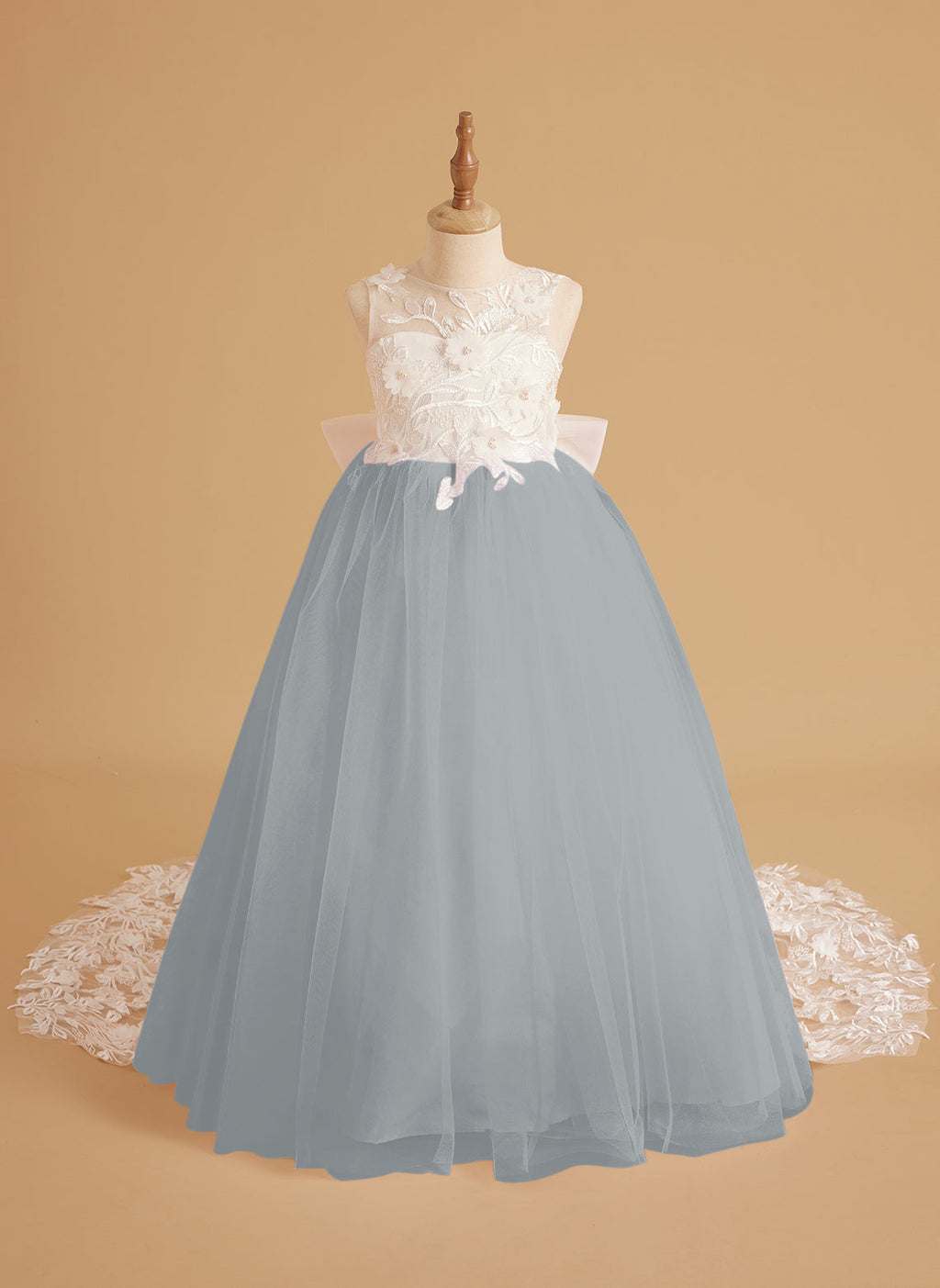 Vestido de niña de las flores sin mangas de encaje y tul con cuentas, estilo princesa de ensueño 