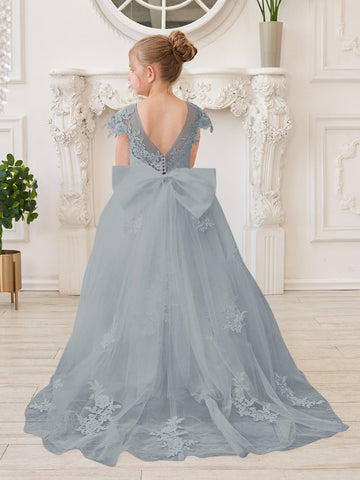 Vestido de niña de las flores para la Primera Comunión, color marfil, con cola desmontable estilo princesa. 