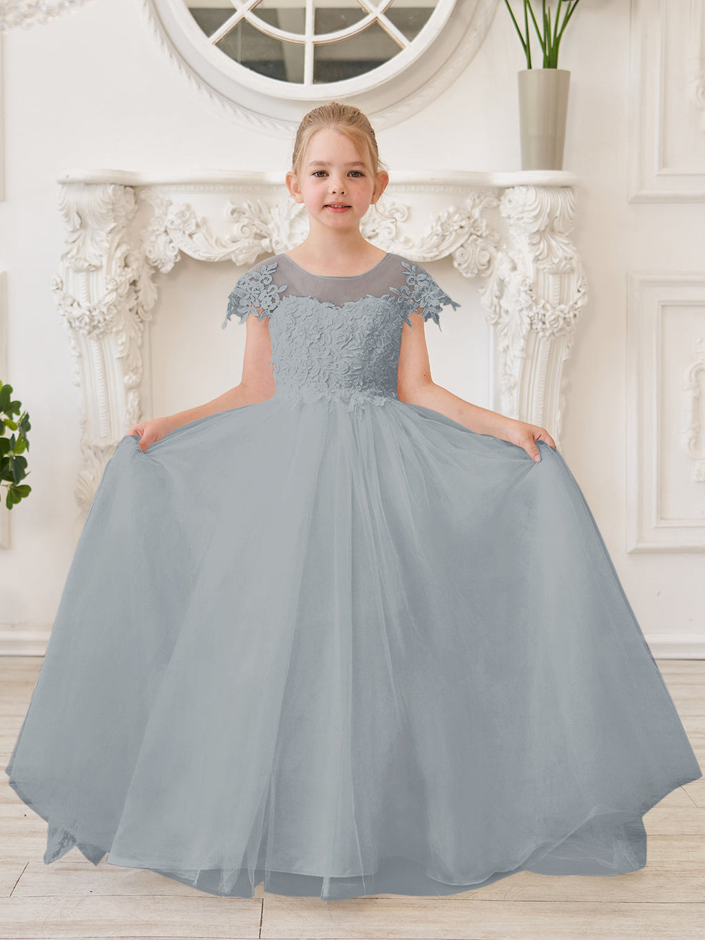 Vestido de niña de las flores para la Primera Comunión, color marfil, con cola desmontable estilo princesa. 