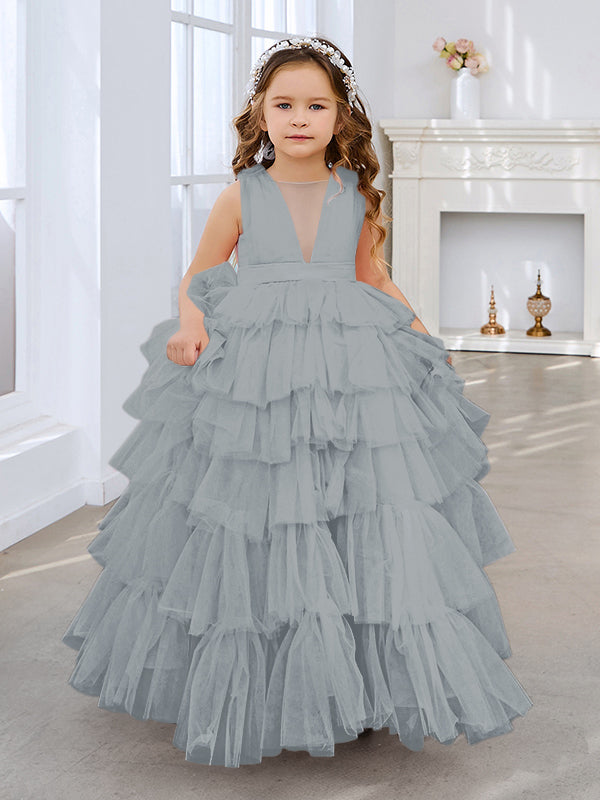 Vestido de princesa rosa perla sin mangas para niña de las flores con lazo de tul 