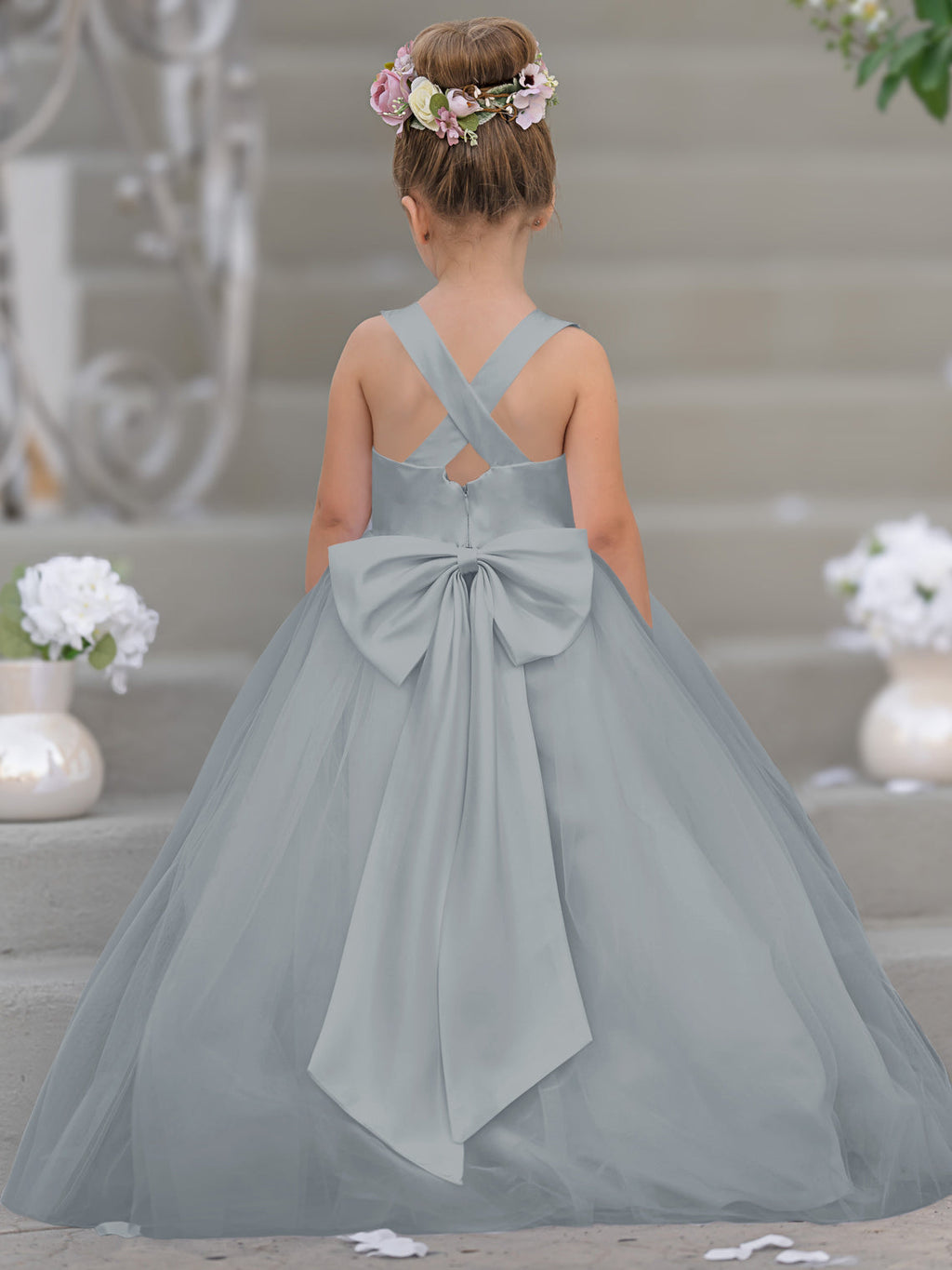 Vestido de niña de las flores clásico de corte en A sin mangas en satén y tul 