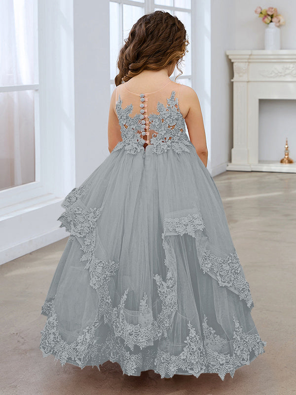 Vestido de princesa sin mangas de tul con apliques de encaje y cola corta para niñas 
