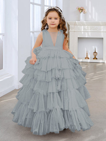Robe de bal/robe de princesse rose perle sans manches en tulle avec nœud pour demoiselle d'honneur 