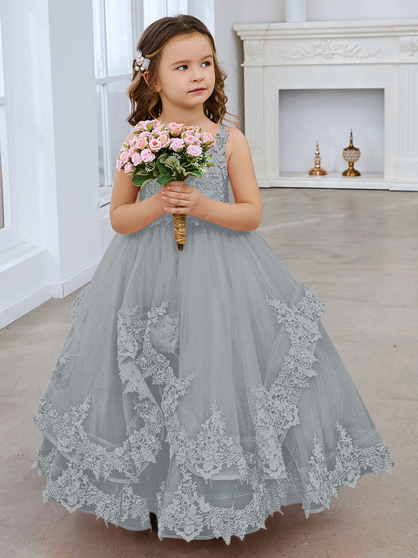 Vestido de princesa sin mangas de tul con apliques de encaje y cola corta para niñas 