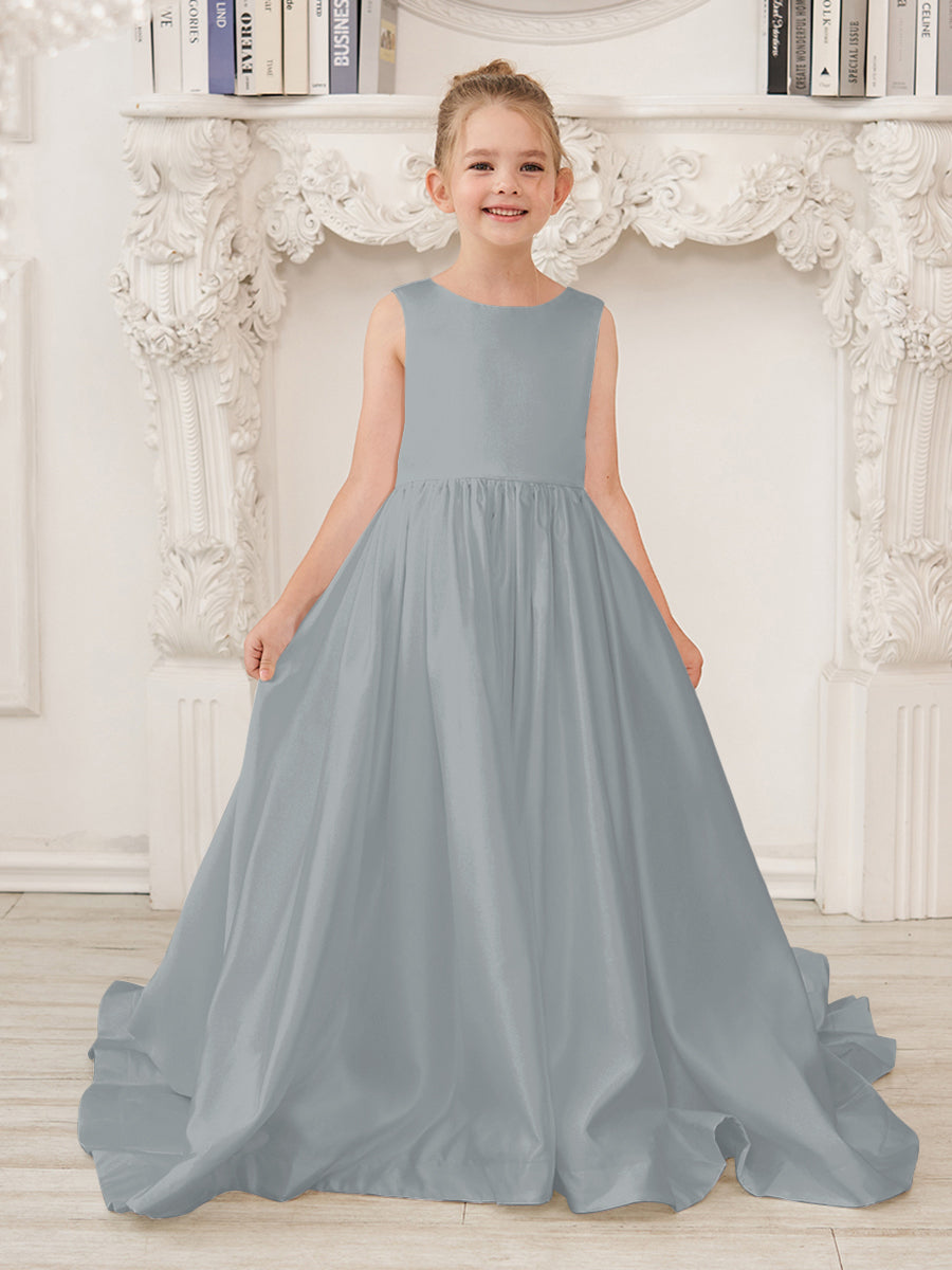 Vestido de niña de las flores de satén sin mangas, corte princesa, con cola y lazo. 