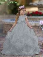 Vestido de niña de las flores de corte A, de satén y tul, hasta el suelo, con volantes en cascada. 