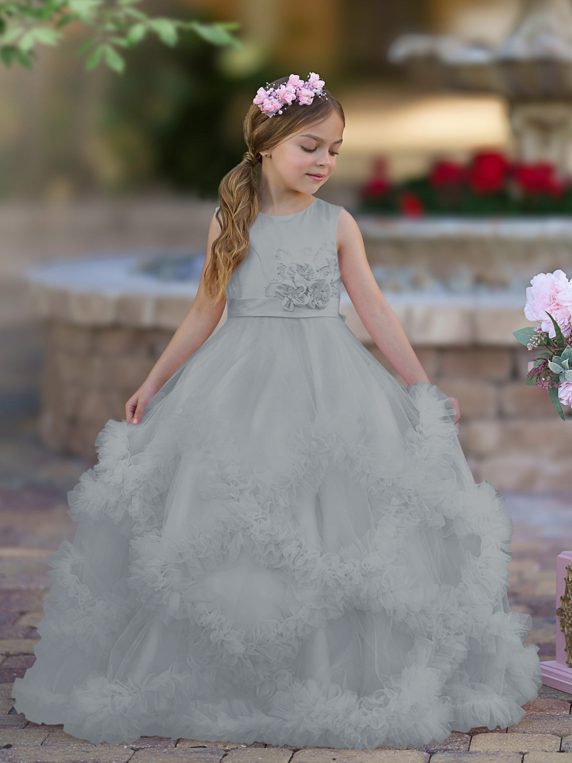 Vestido de niña de las flores de corte A, de satén y tul, hasta el suelo, con volantes en cascada. 