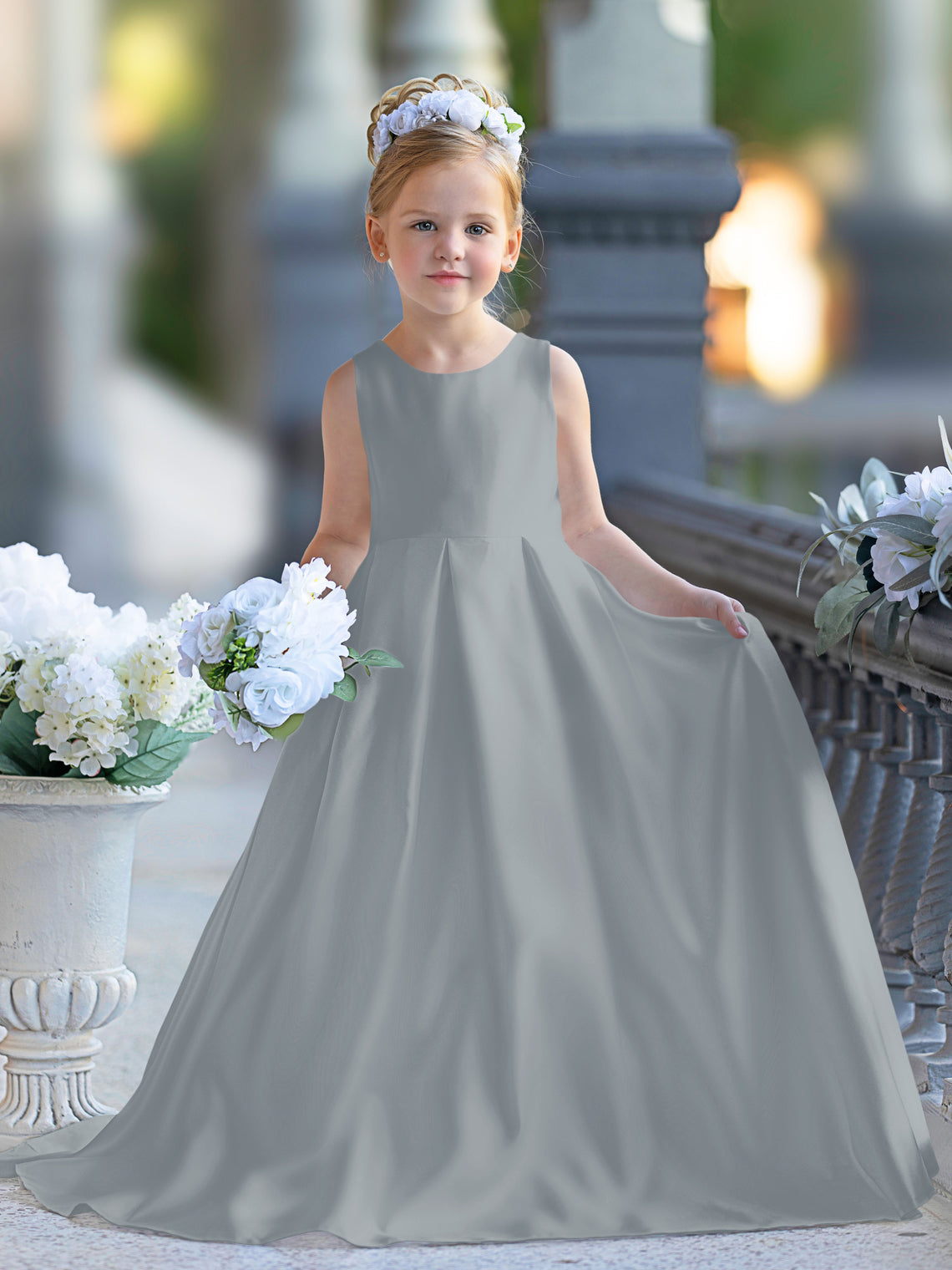 Vestido de niña de las flores para la Primera Comunión, corte en A, encaje y satén, hasta el suelo 