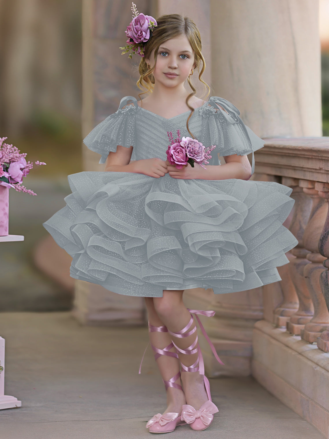 Vestido de princesa/vestido de tul hasta la rodilla para niña de las flores de cumpleaños