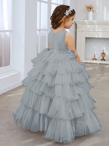Robe de bal/robe de princesse rose perle sans manches en tulle avec nœud pour demoiselle d'honneur 
