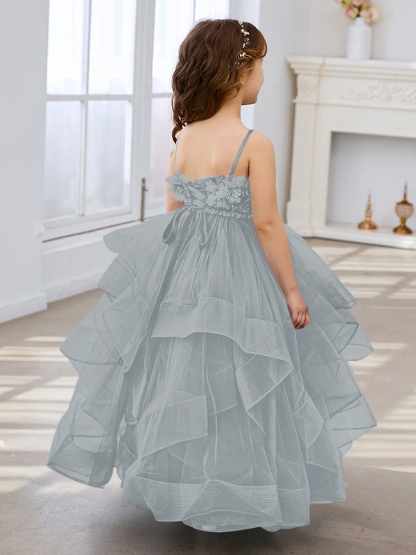Vestido de niña de las flores de tul sin mangas, corte princesa, azul pizarra, corte en A, estilo princesa 