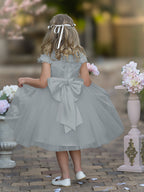Vestido de niña de las flores de la Primera Comunión, color marfil, de tul satinado hasta la rodilla 