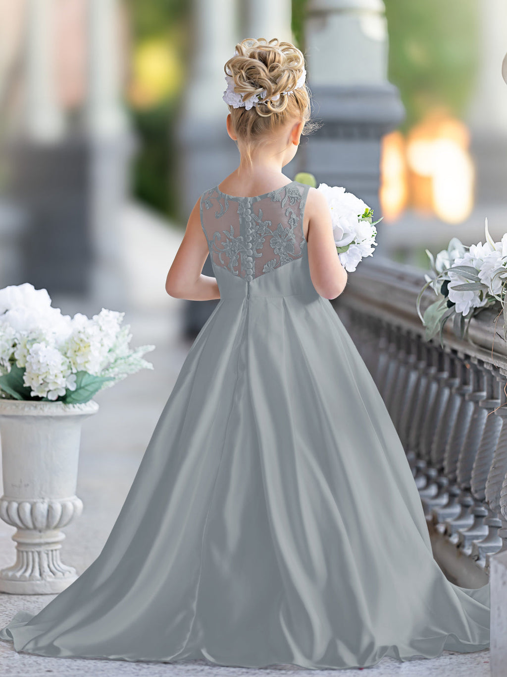 Vestido de niña de las flores para la Primera Comunión, corte en A, encaje y satén, hasta el suelo 