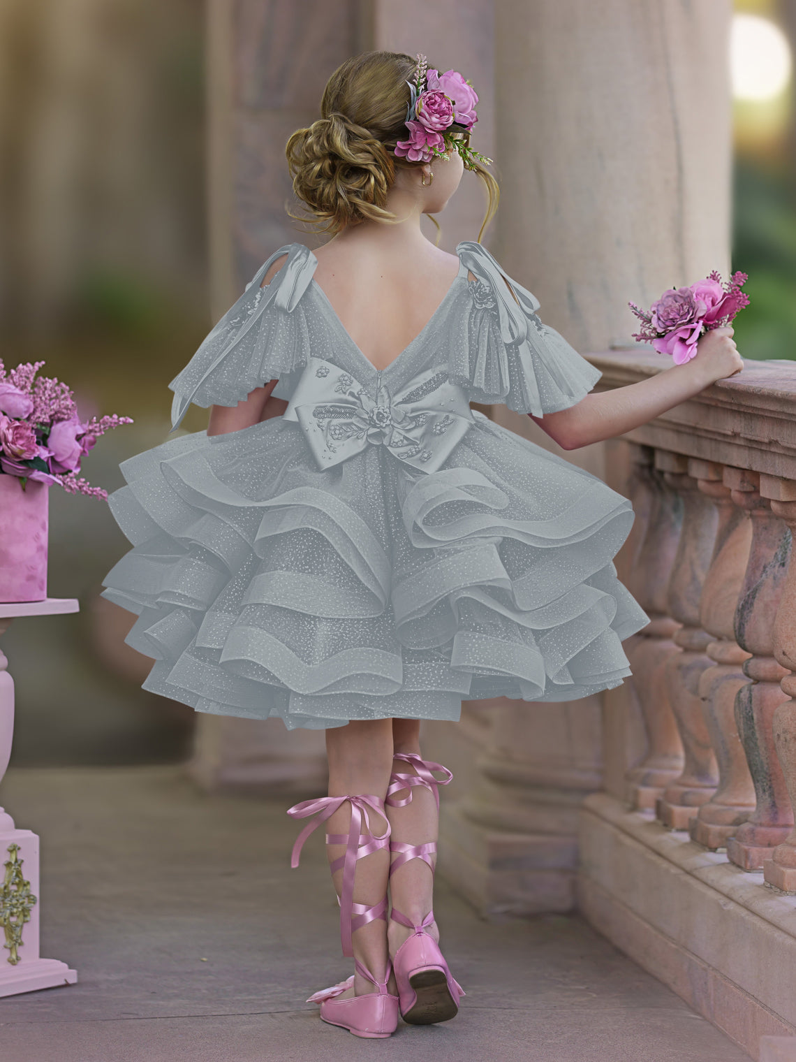 Vestido de princesa/vestido de tul hasta la rodilla para niña de las flores de cumpleaños 