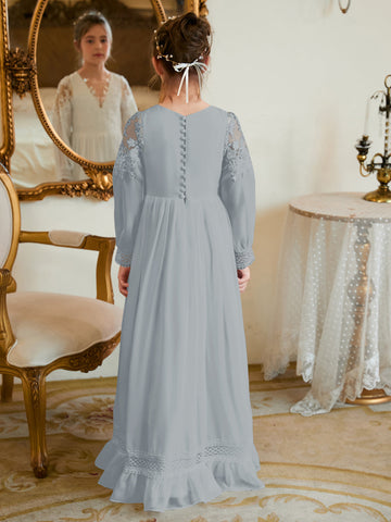 Vestido de Primera Comunión color marfil, corte en A, de gasa hasta el suelo 