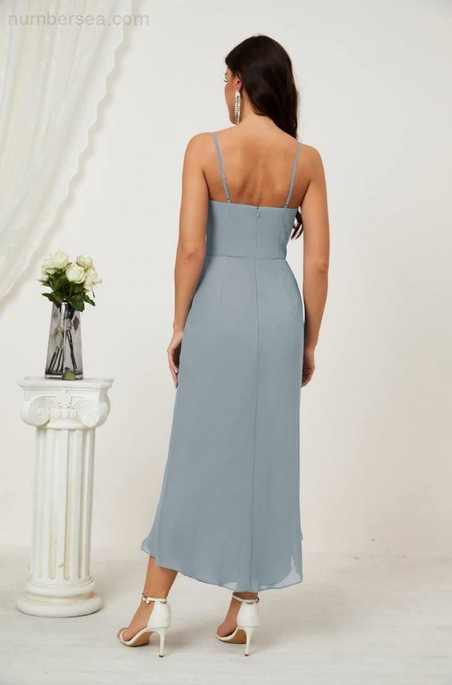 Vestido de dama de honor de gasa con escote en V y abertura media, vestido formal de fiesta, vestido de bienvenida 2803 