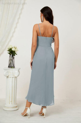 Vestido de dama de honor de gasa con escote en V y abertura media, vestido formal de fiesta, vestido de bienvenida 2803 