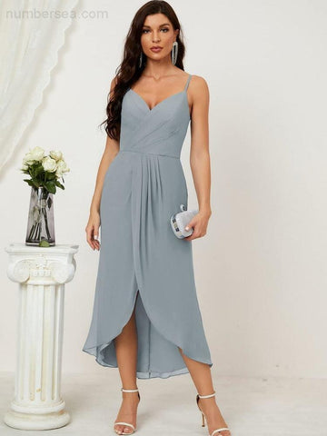 Vestido de dama de honor de gasa con escote en V y abertura media, vestido formal de fiesta, vestido de bienvenida 2803 