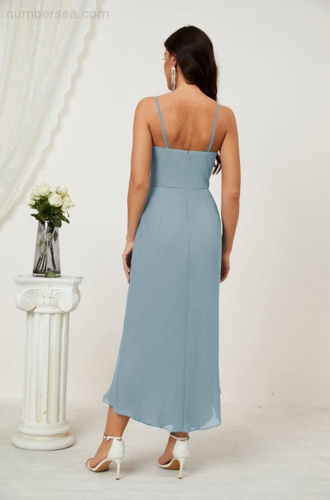 Vestido de dama de honor de gasa con escote en V y abertura media, vestido formal de fiesta, vestido de bienvenida 2803 