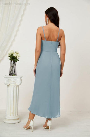 Vestido de dama de honor de gasa con escote en V y abertura media, vestido formal de fiesta, vestido de bienvenida 2803 