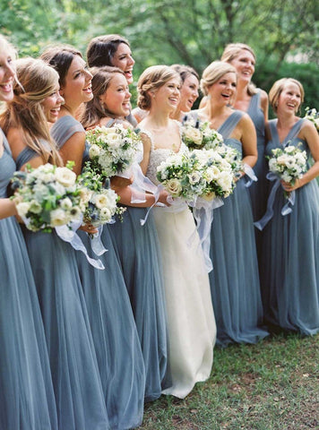 Baoleely Simple Tulle Long Bridesmaid Dresses Dusty Blue under 100