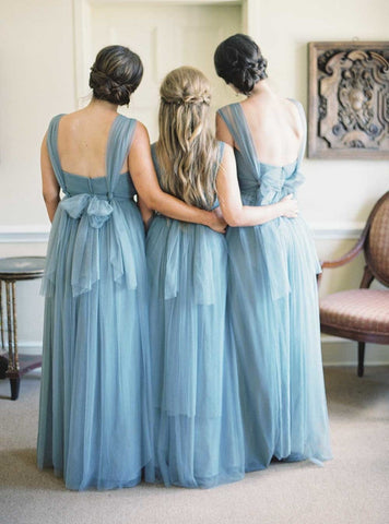 Baoleely Simple Tulle Long Bridesmaid Dresses Dusty Blue under 100